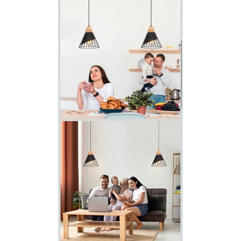 NEW Mxsaoud 2pc Modern Farmhouse Black Pendant Light Wood Hanging Fixture E26 - Picture 2 of 8